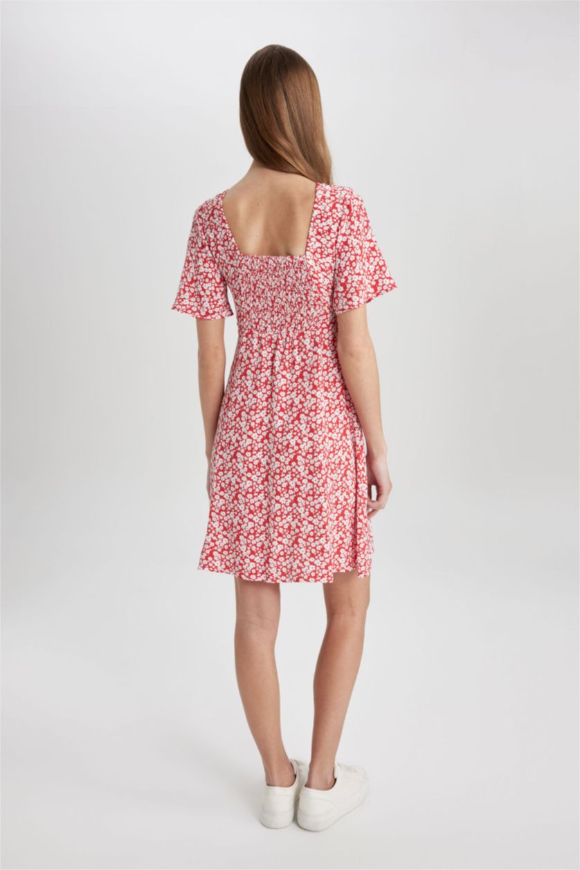 نساء أحمر فستان قصير نص ردن فلورال قماش منسوج بياخة V