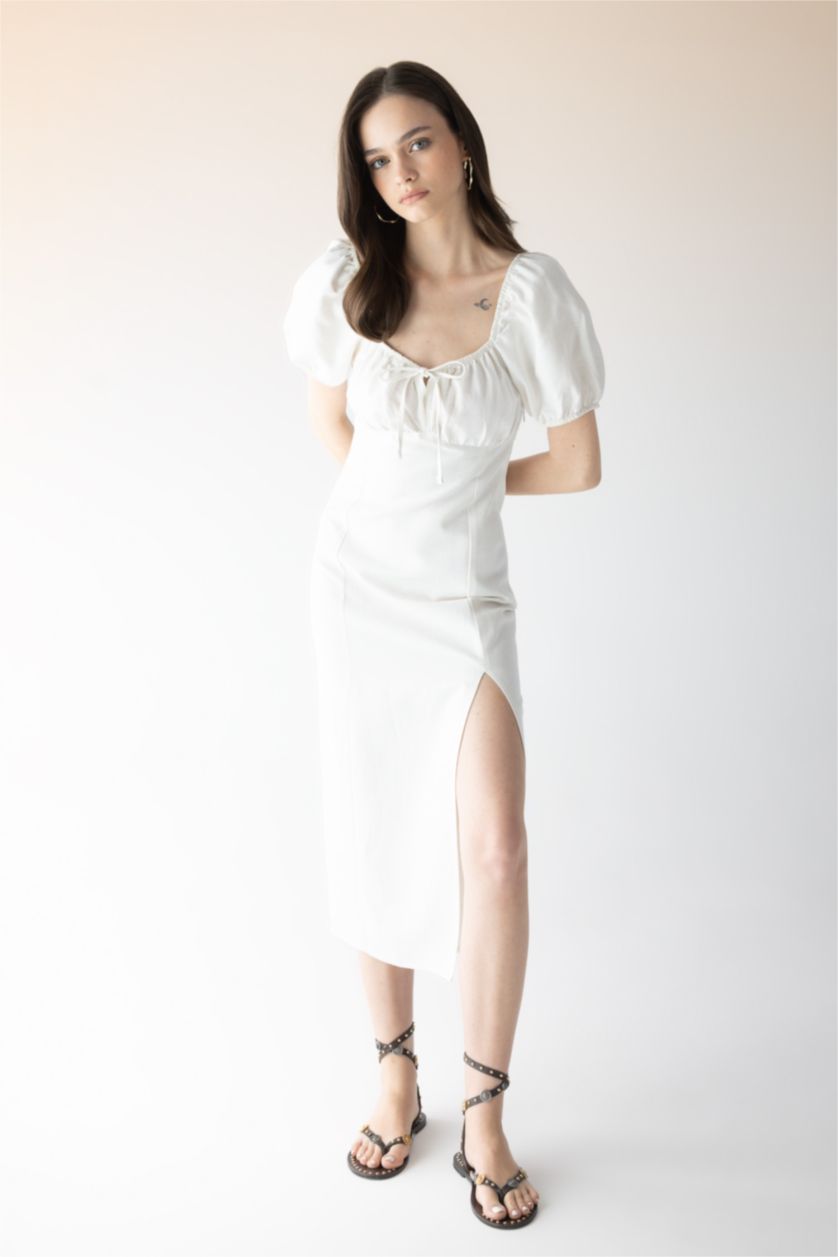 FEMME Écru Robe Midi en Lin à Manches Courtes encolure Froncée et Fendue Sur Les Épaules