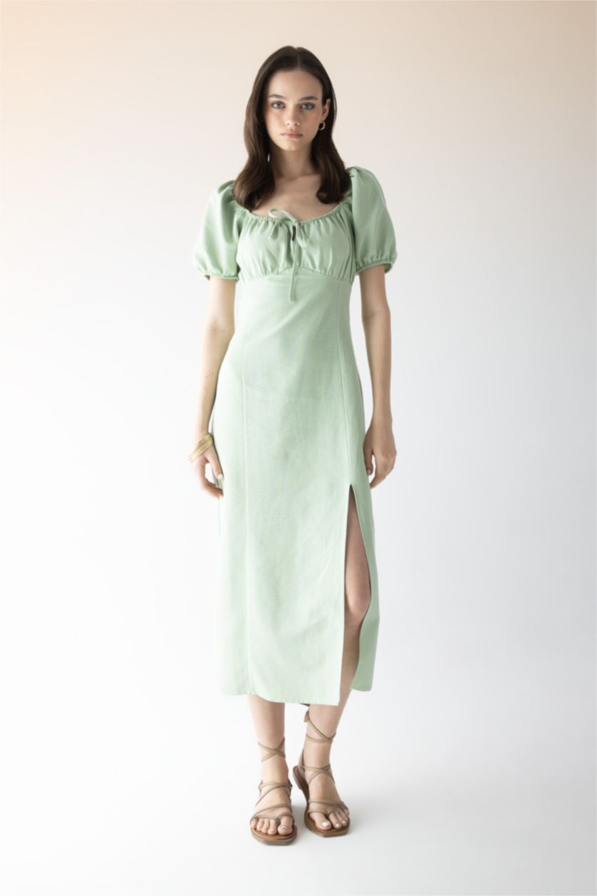 نساء نعناع فستان ميدي نص كم كتان قصة A برقبة V كم بالون