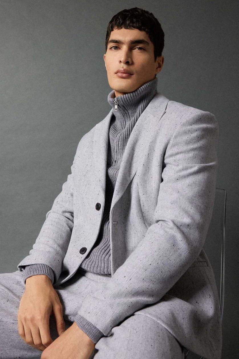 رجالي ميلانج رمادي بليزر بيزك قصة مريحة مبطن