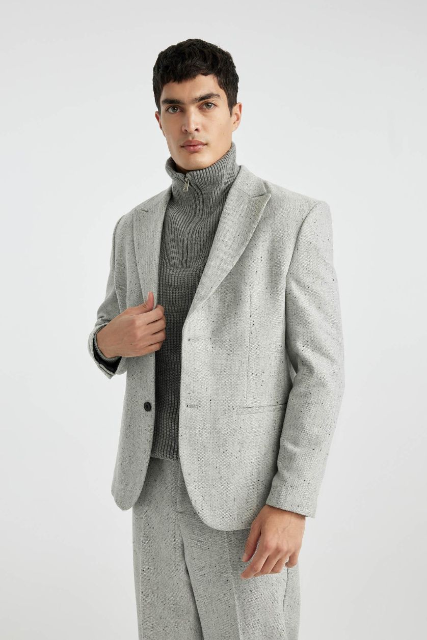 رجالي ميلانج رمادي بليزر بيزك قصة مريحة مبطن