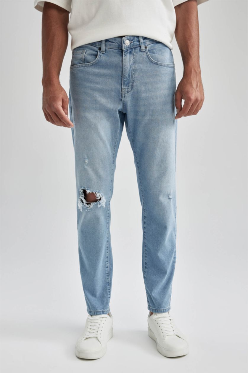 رجالي أزرق فاتح بنطلون جينز سليم فيت ممزق