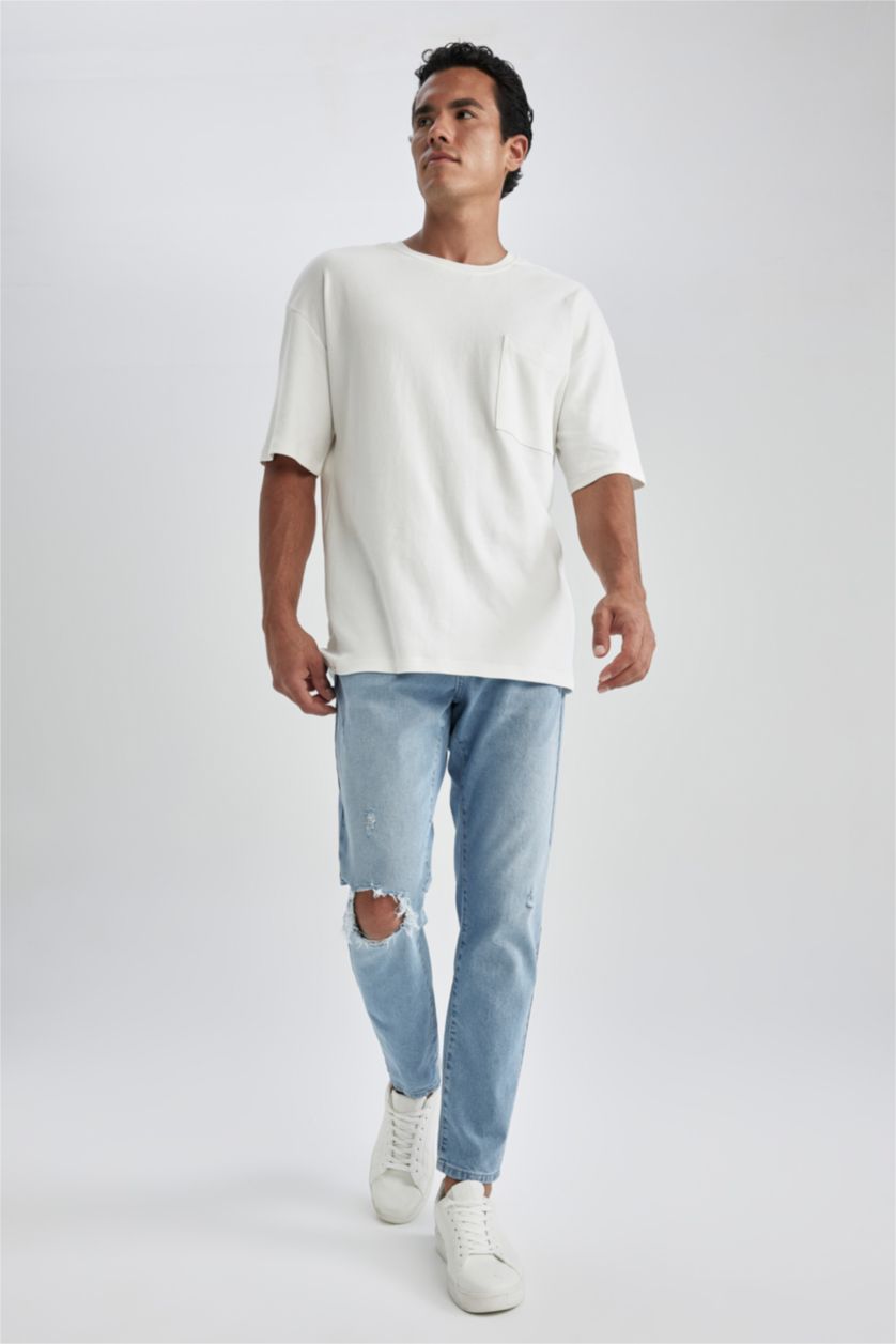 رجالي أزرق فاتح بنطلون جينز سليم فيت ممزق