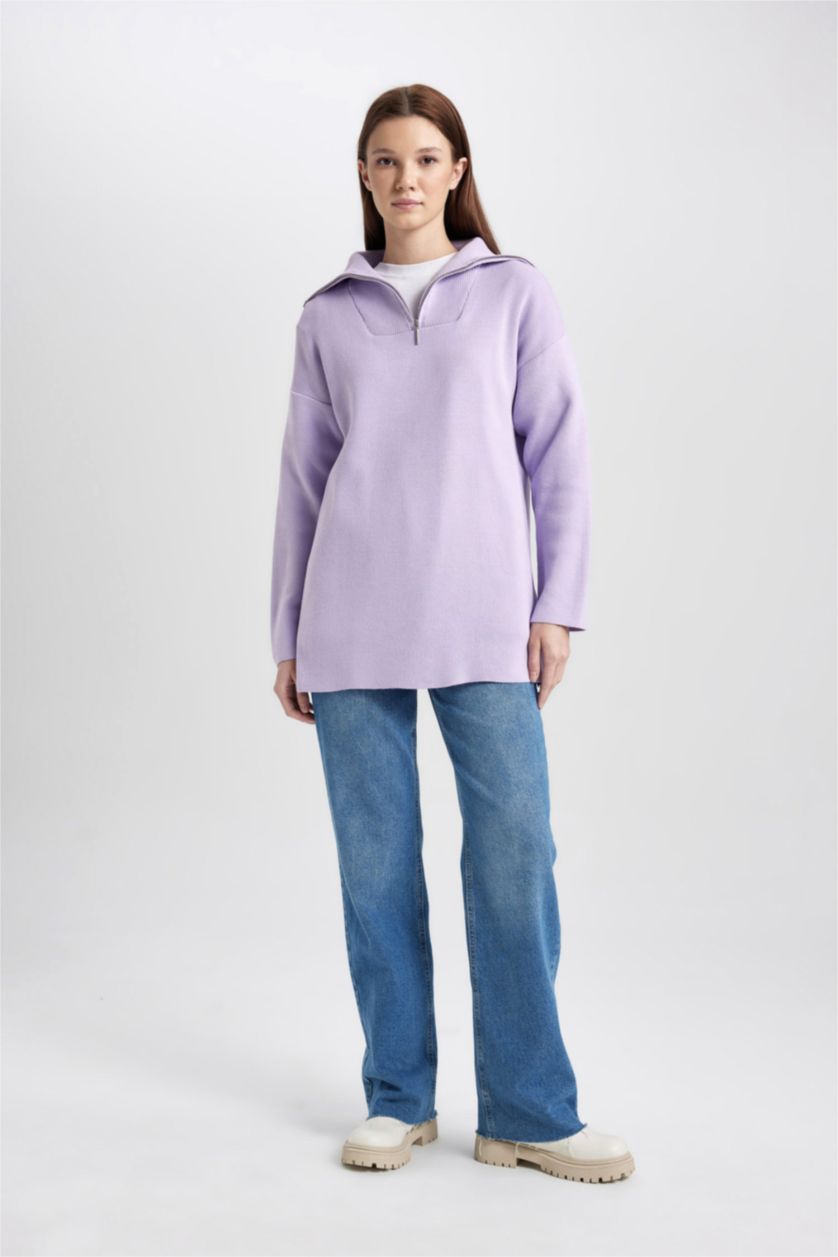 Kadın Lila Regular Fit Fermuarlı Dik Yaka Triko Kazak Tunik	