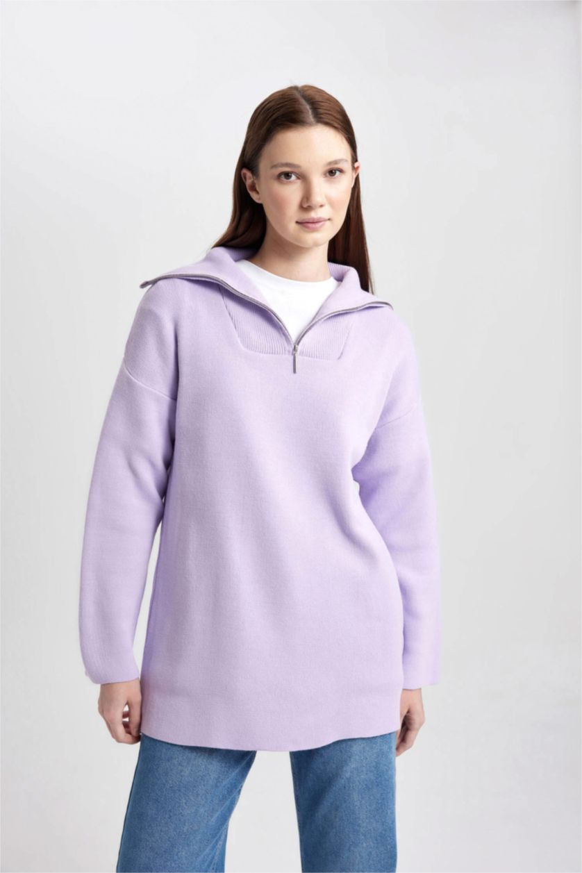 Kadın Lila Regular Fit Fermuarlı Dik Yaka Triko Kazak Tunik	