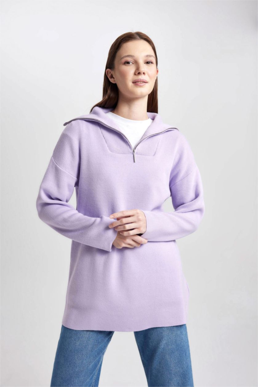 Kadın Lila Regular Fit Fermuarlı Dik Yaka Triko Kazak Tunik	