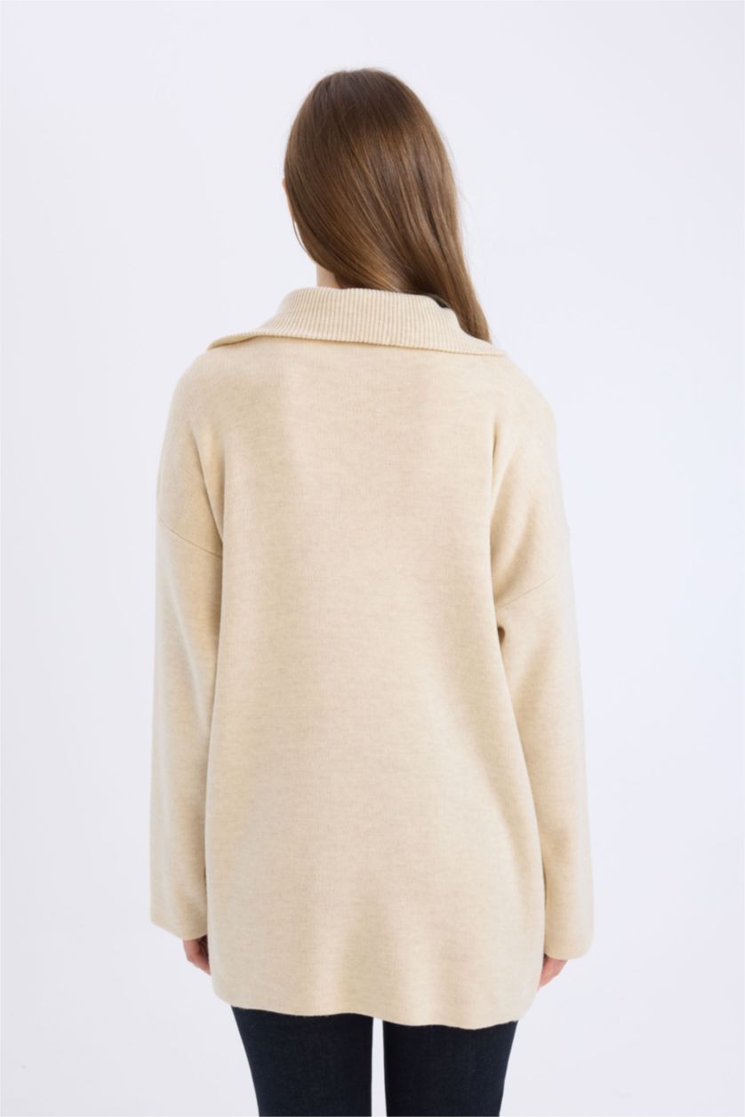 Kadın Doğal Bej Regular Fit Fermuarlı Dik Yaka Triko Kazak Tunik