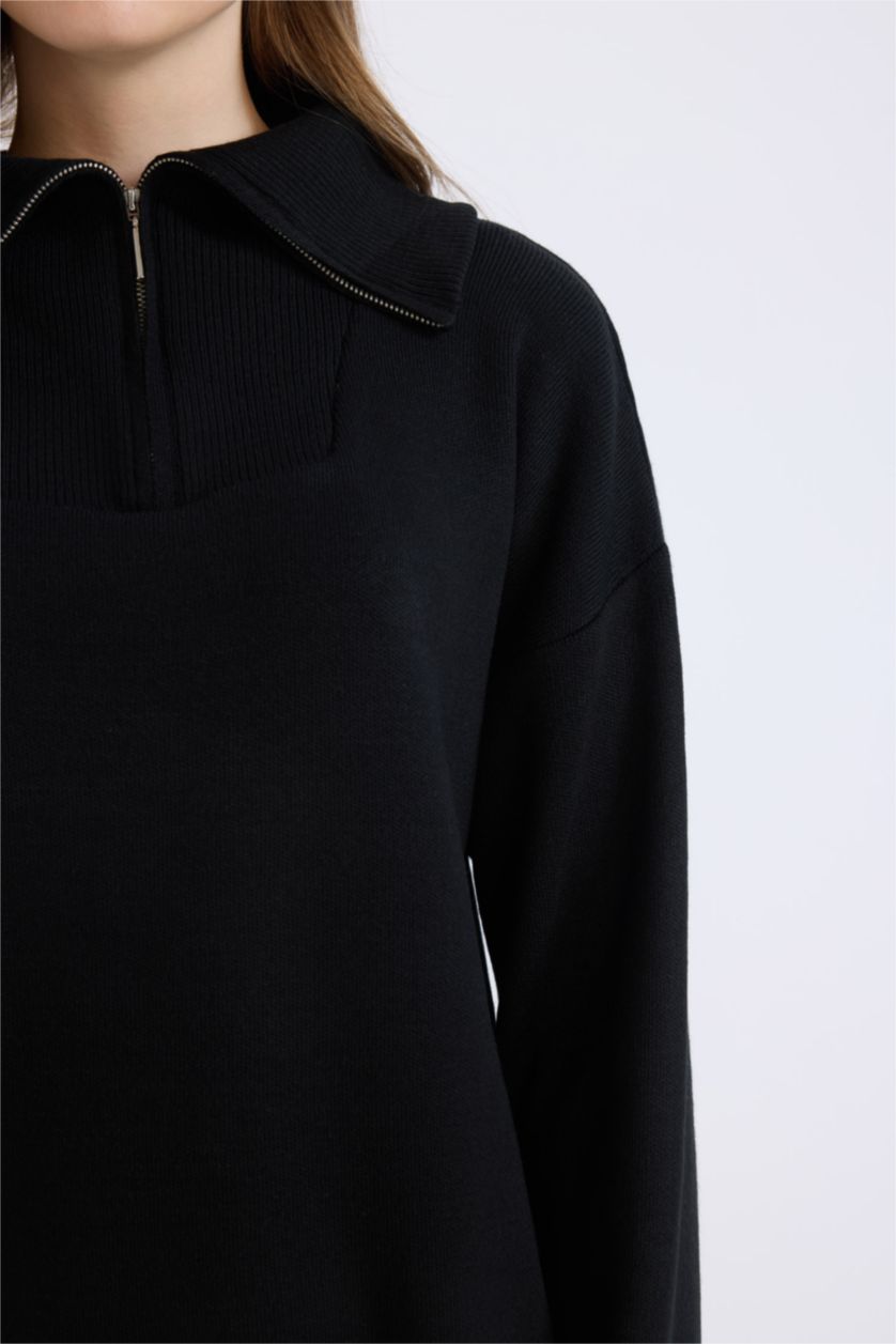 Kadın Siyah Regular Fit Fermuarlı Dik Yaka Triko Kazak Tunik