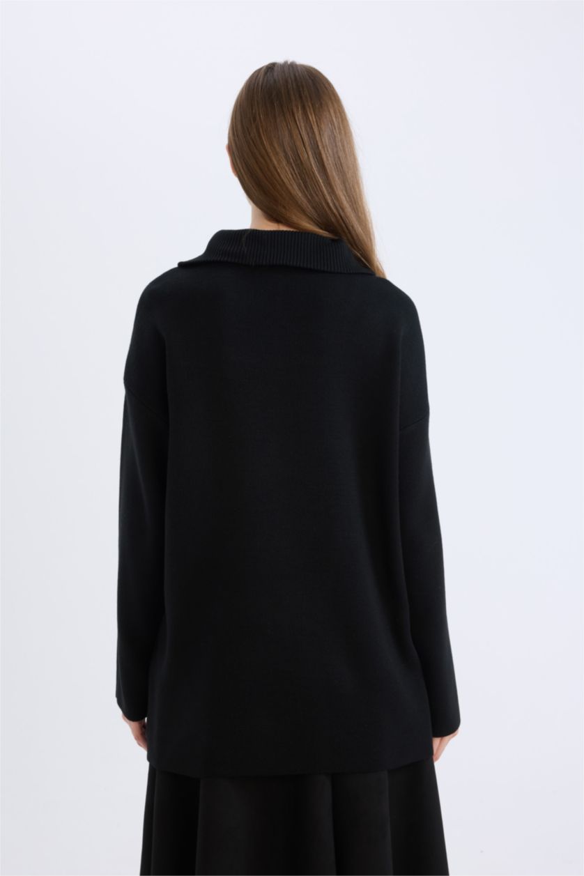 Kadın Siyah Regular Fit Fermuarlı Dik Yaka Triko Kazak Tunik
