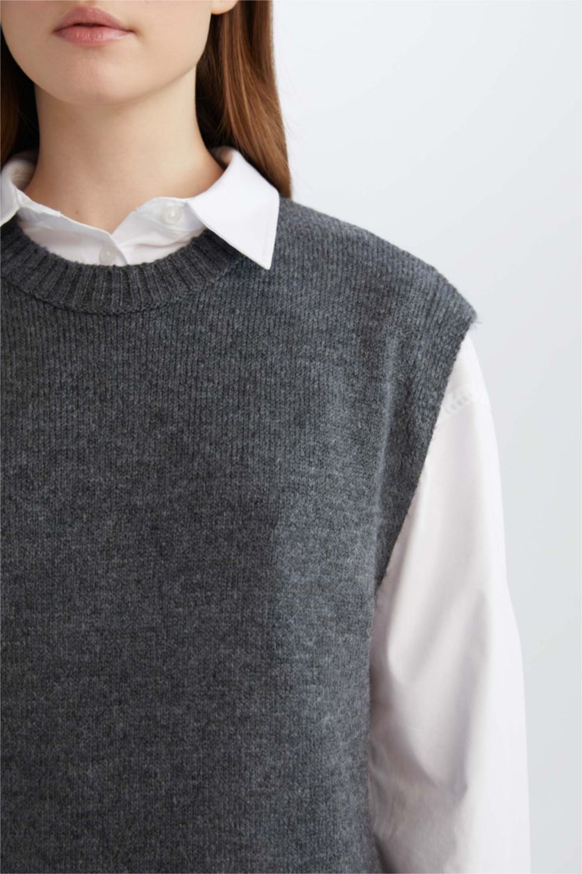 FEMME Anthracite Gilet long en tricot à col rond Coupe régulière