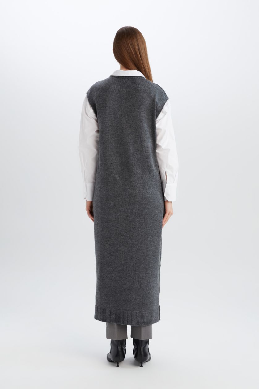 FEMME Anthracite Gilet long en tricot à col rond Coupe régulière