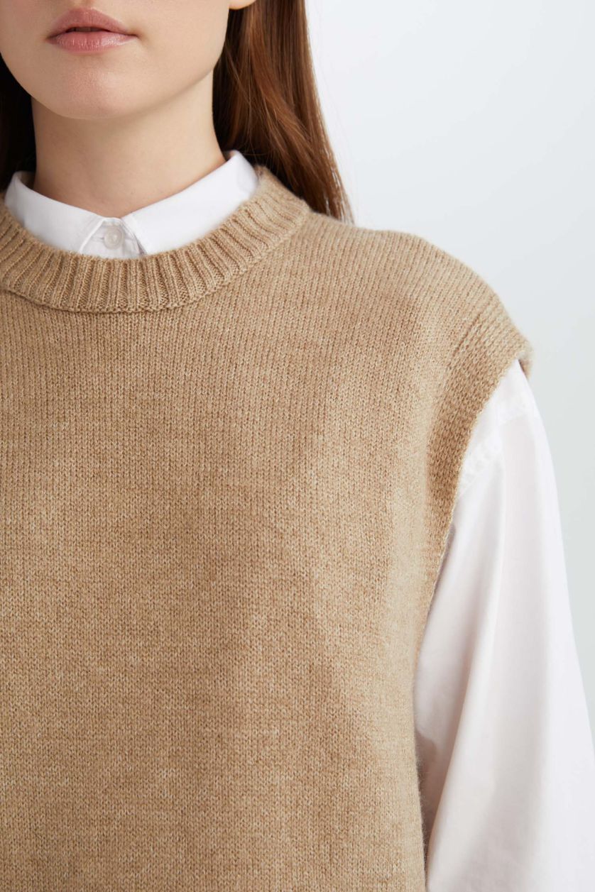 FEMME Beige Gilet long en tricot à col rond Coupe régulière