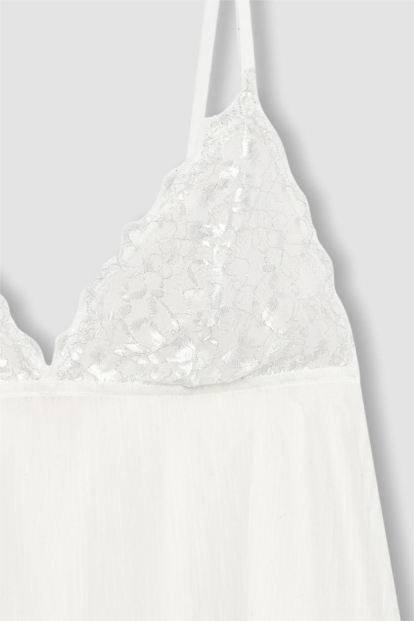 Kadın Kırık Beyaz Bridal Dantel Beyaz Askılı Pijama Üstü