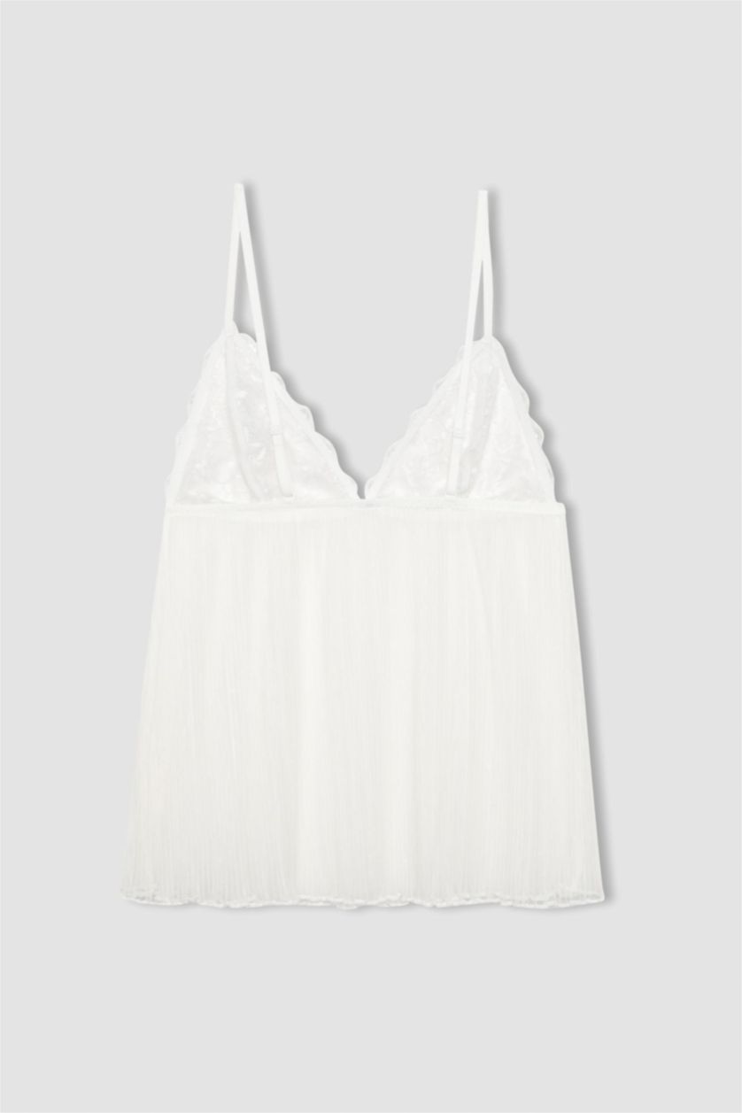 Kadın Kırık Beyaz Bridal Dantel Beyaz Askılı Pijama Üstü