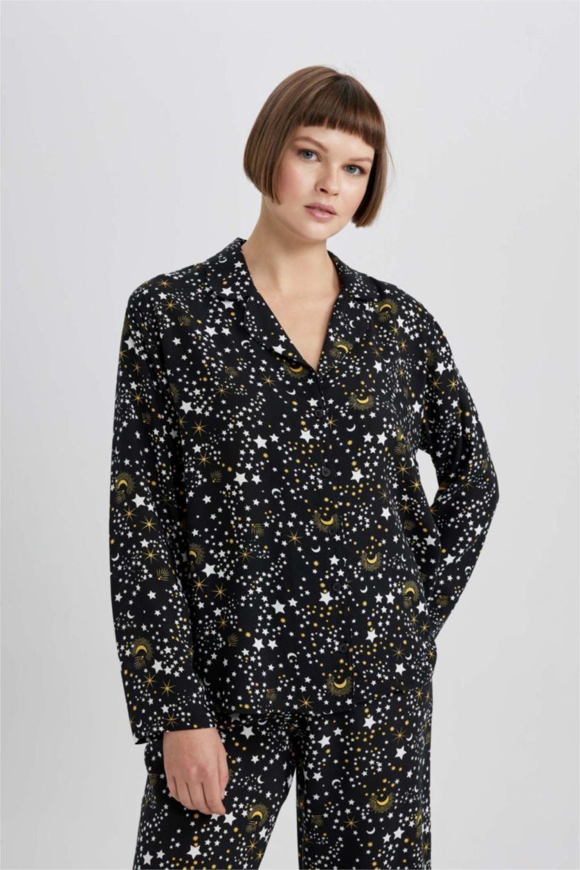 Kadın Siyah Fall in Love Viskon Uzun Kollu Pijama Üstü