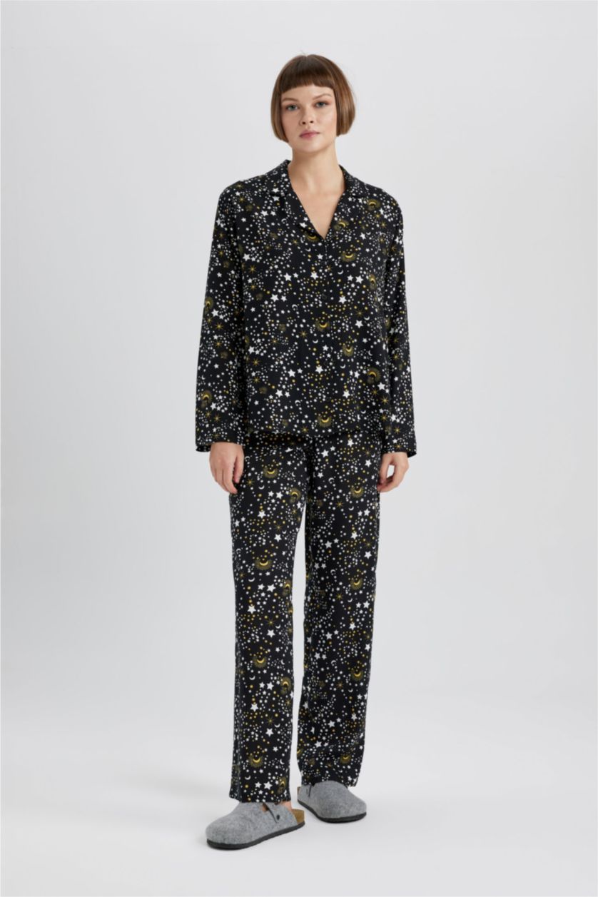 Kadın Siyah Fall in Love Viskon Uzun Kollu Pijama Üstü