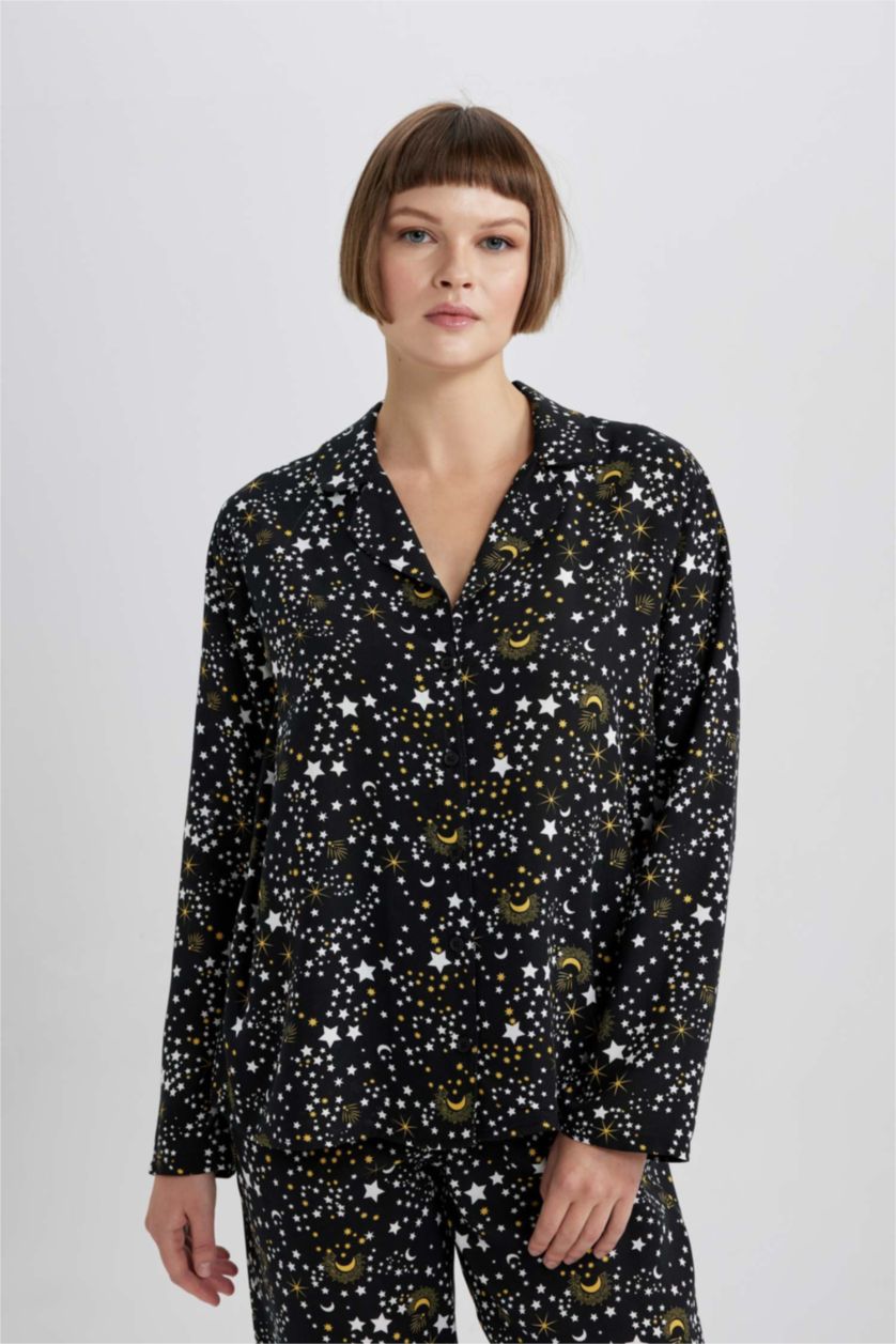 Kadın Siyah Fall in Love Viskon Uzun Kollu Pijama Üstü