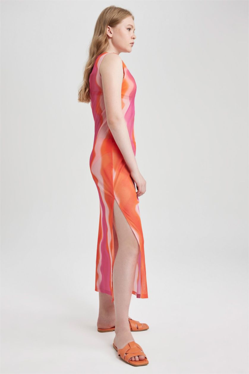 Kadın Koyu Pembe Fall in Love Desenli Kolsuz Plaj Elbisesi