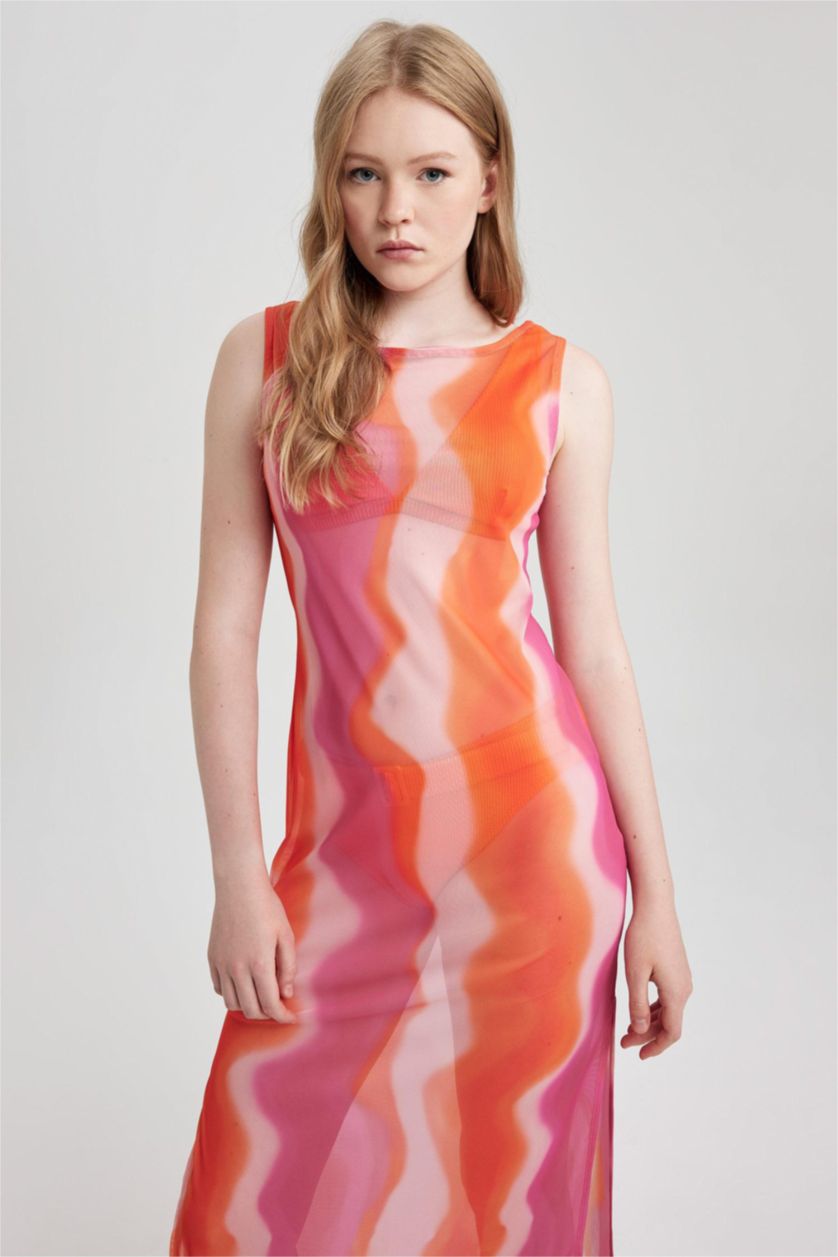 Kadın Koyu Pembe Fall in Love Desenli Kolsuz Plaj Elbisesi