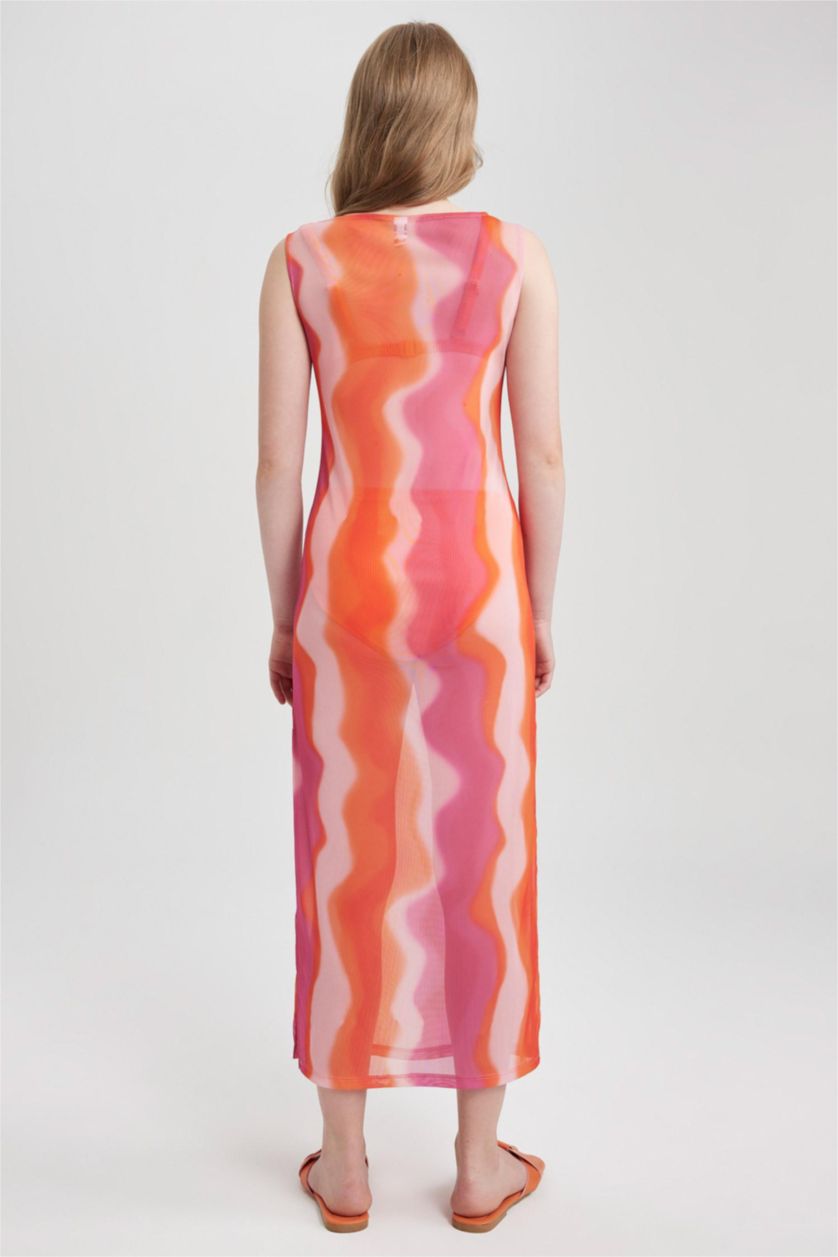 Kadın Koyu Pembe Fall in Love Desenli Kolsuz Plaj Elbisesi