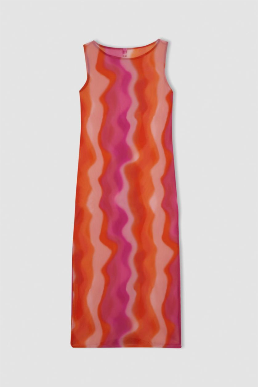 Kadın Koyu Pembe Fall in Love Desenli Kolsuz Plaj Elbisesi