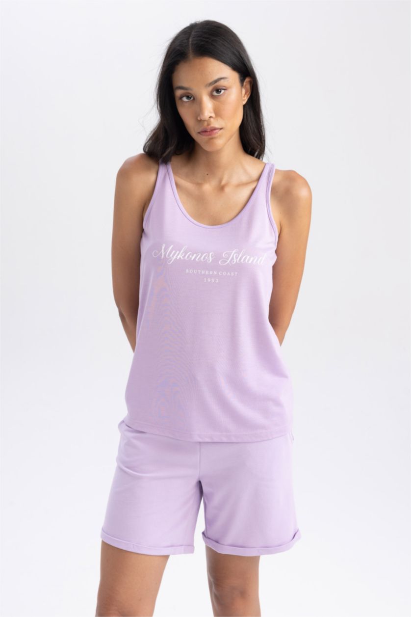 Woman Lilac Regular Fit Slogan Crew Neck Sleeveless Tank Top