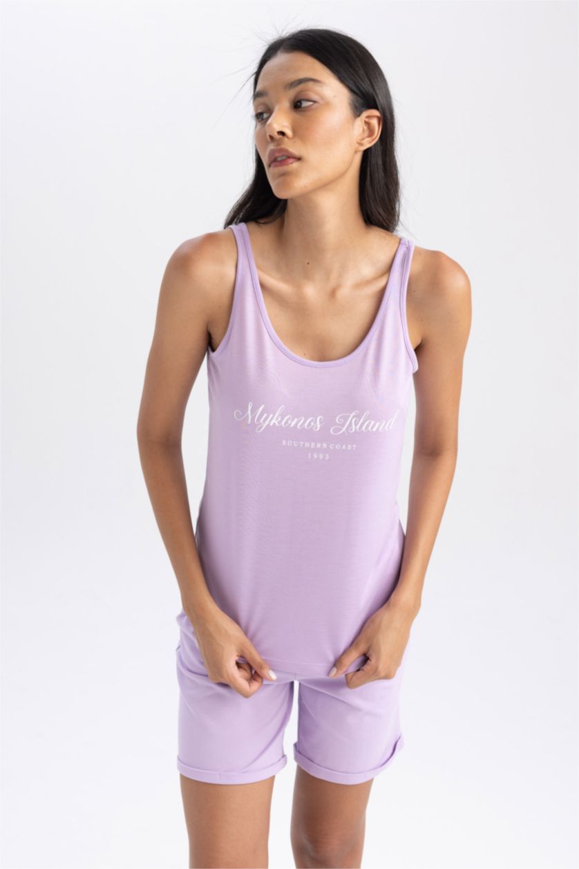 Woman Lilac Regular Fit Slogan Crew Neck Sleeveless Tank Top