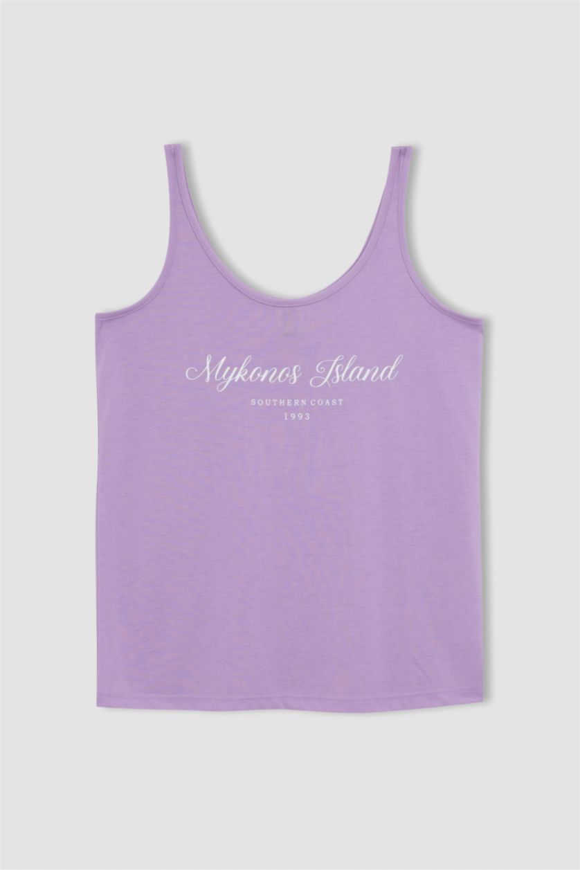 Woman Lilac Regular Fit Slogan Crew Neck Sleeveless Tank Top