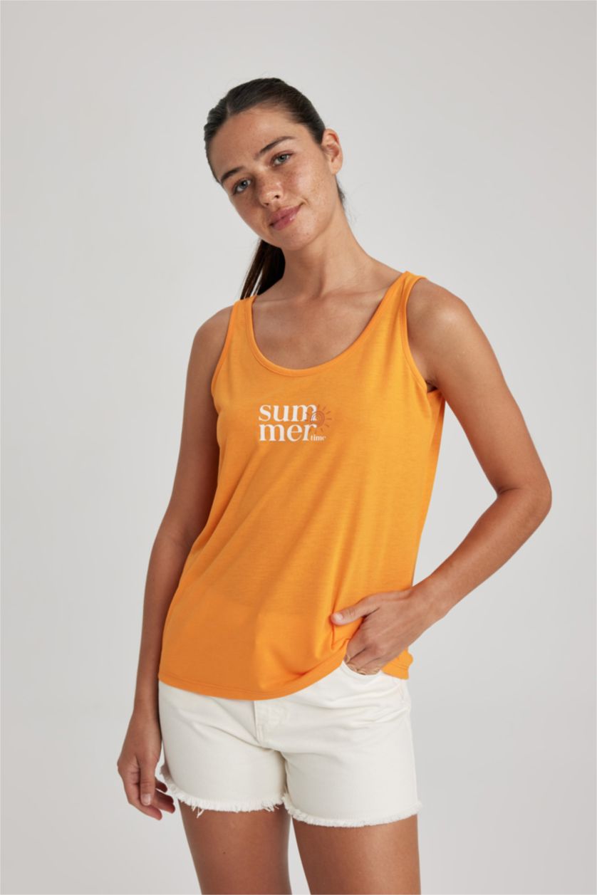 Woman Orange Regular Fit Slogan Crew Neck Sleeveless Tank Top