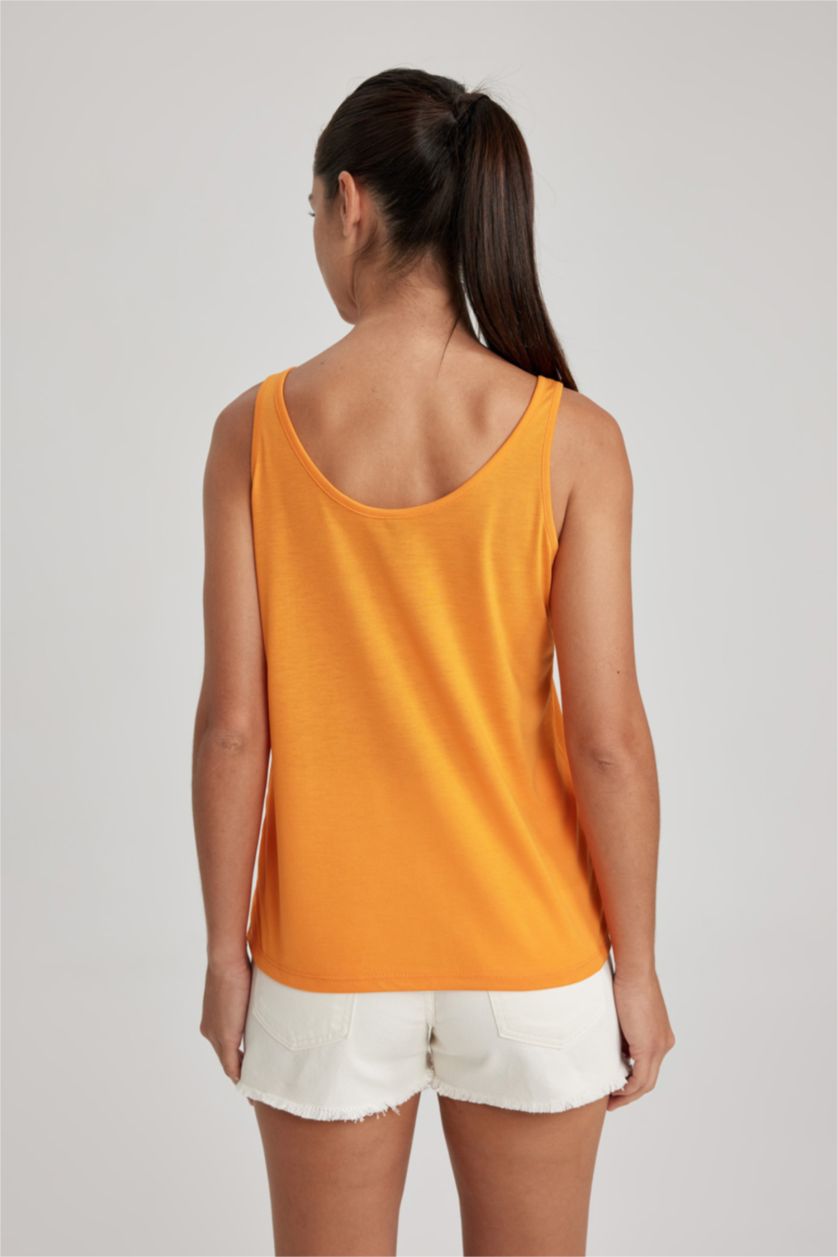 Woman Orange Regular Fit Slogan Crew Neck Sleeveless Tank Top