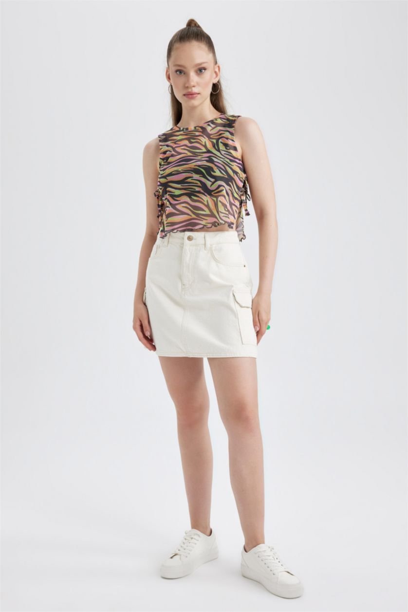 Kadın Siyah Coool Loose Fit Crop Desenli Tül Atlet