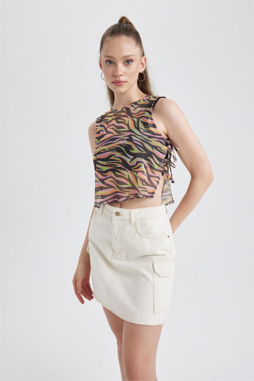 Kadın Siyah Coool Loose Fit Crop Desenli Tül Atlet