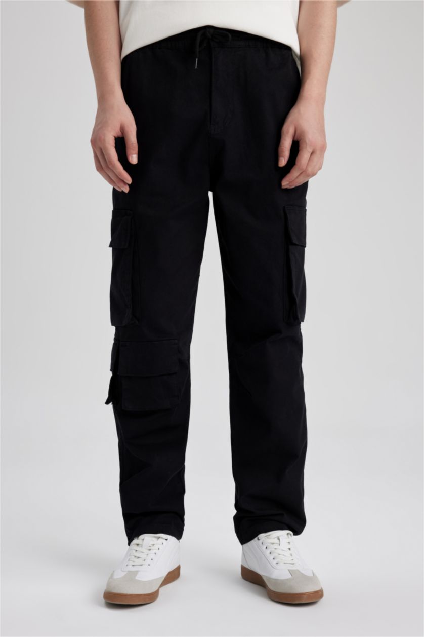 رجالي أسود بنطلون جبردين قصة مريحة برجل عادية بجيب كارجو