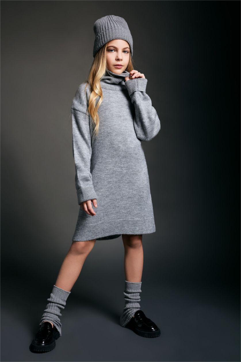 GIRLS & TEENS Light Grey Melange Girl Turtleneck Long Sleeve Knitwear Dress