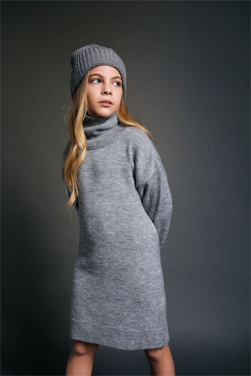 GIRLS & TEENS Light Grey Melange Girl Turtleneck Long Sleeve Knitwear Dress