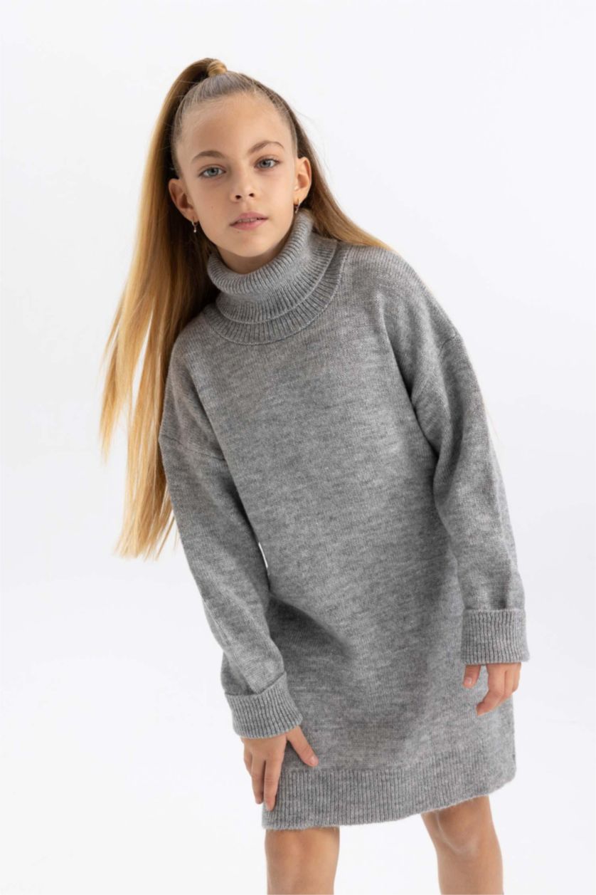 GIRLS & TEENS Light Grey Melange Girl Turtleneck Long Sleeve Knitwear Dress