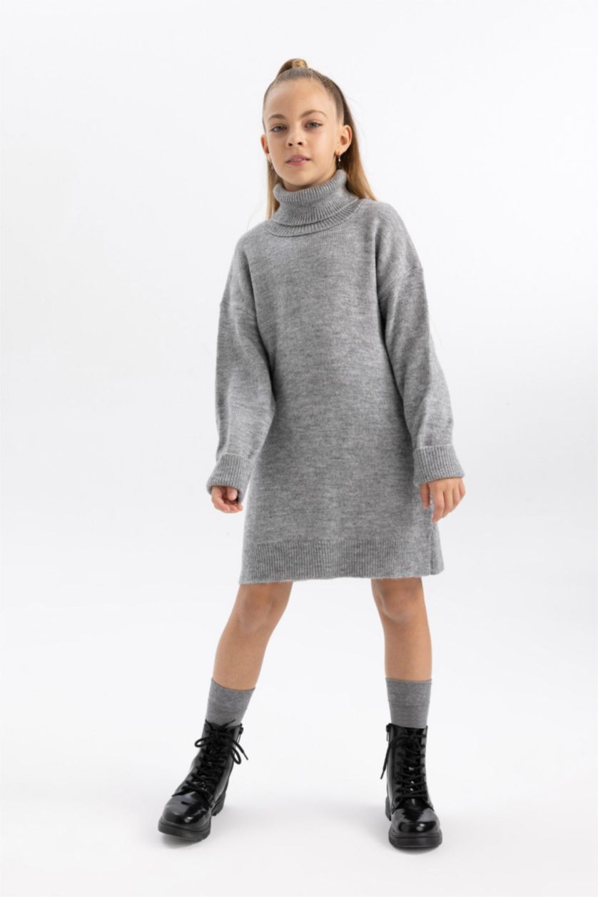 GIRLS & TEENS Light Grey Melange Girl Turtleneck Long Sleeve Knitwear Dress