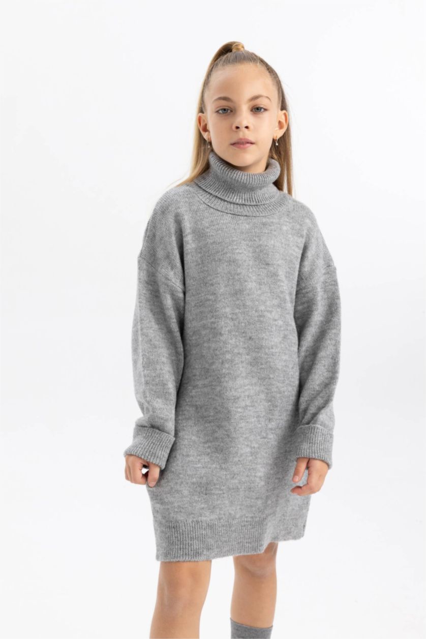 GIRLS & TEENS Light Grey Melange Girl Turtleneck Long Sleeve Knitwear Dress