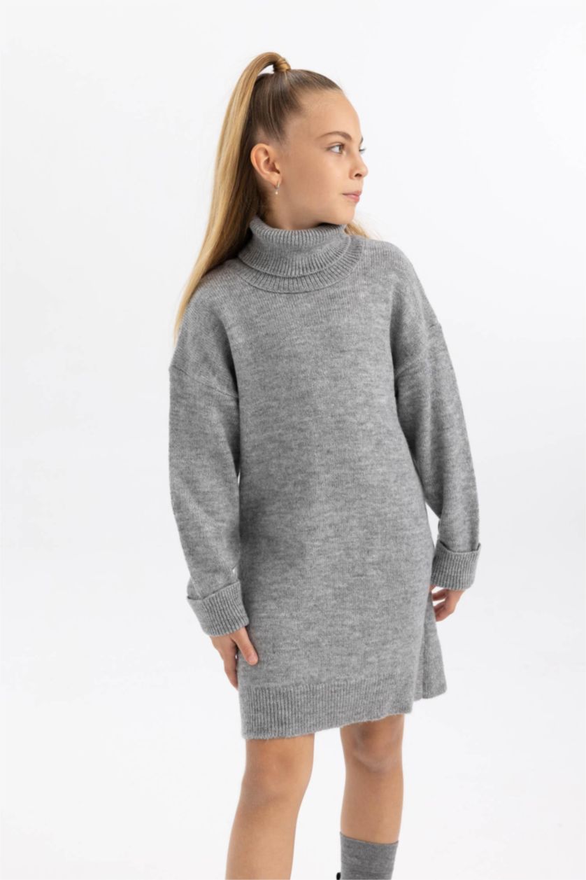 GIRLS & TEENS Light Grey Melange Girl Turtleneck Long Sleeve Knitwear Dress