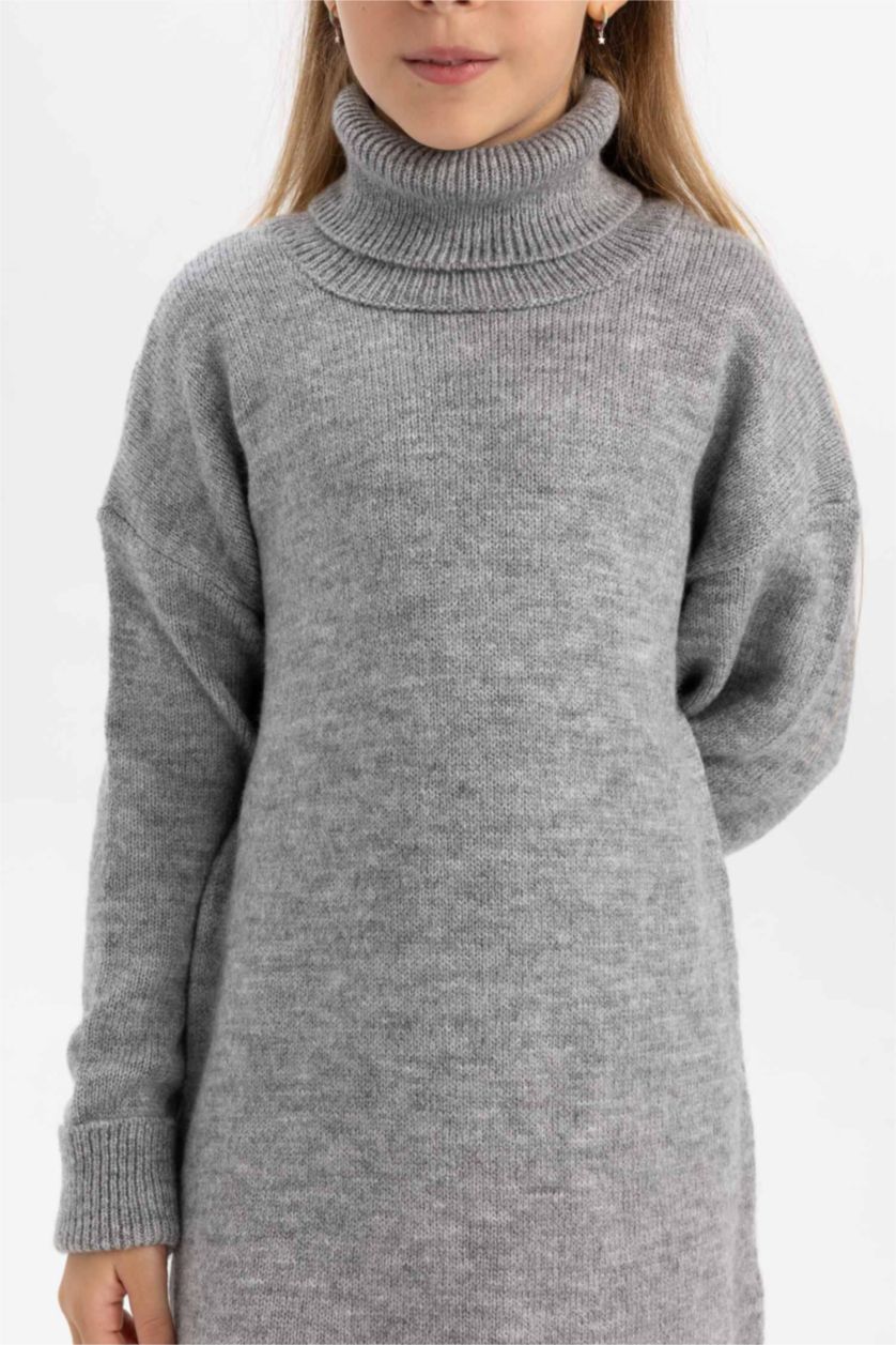GIRLS & TEENS Light Grey Melange Girl Turtleneck Long Sleeve Knitwear Dress