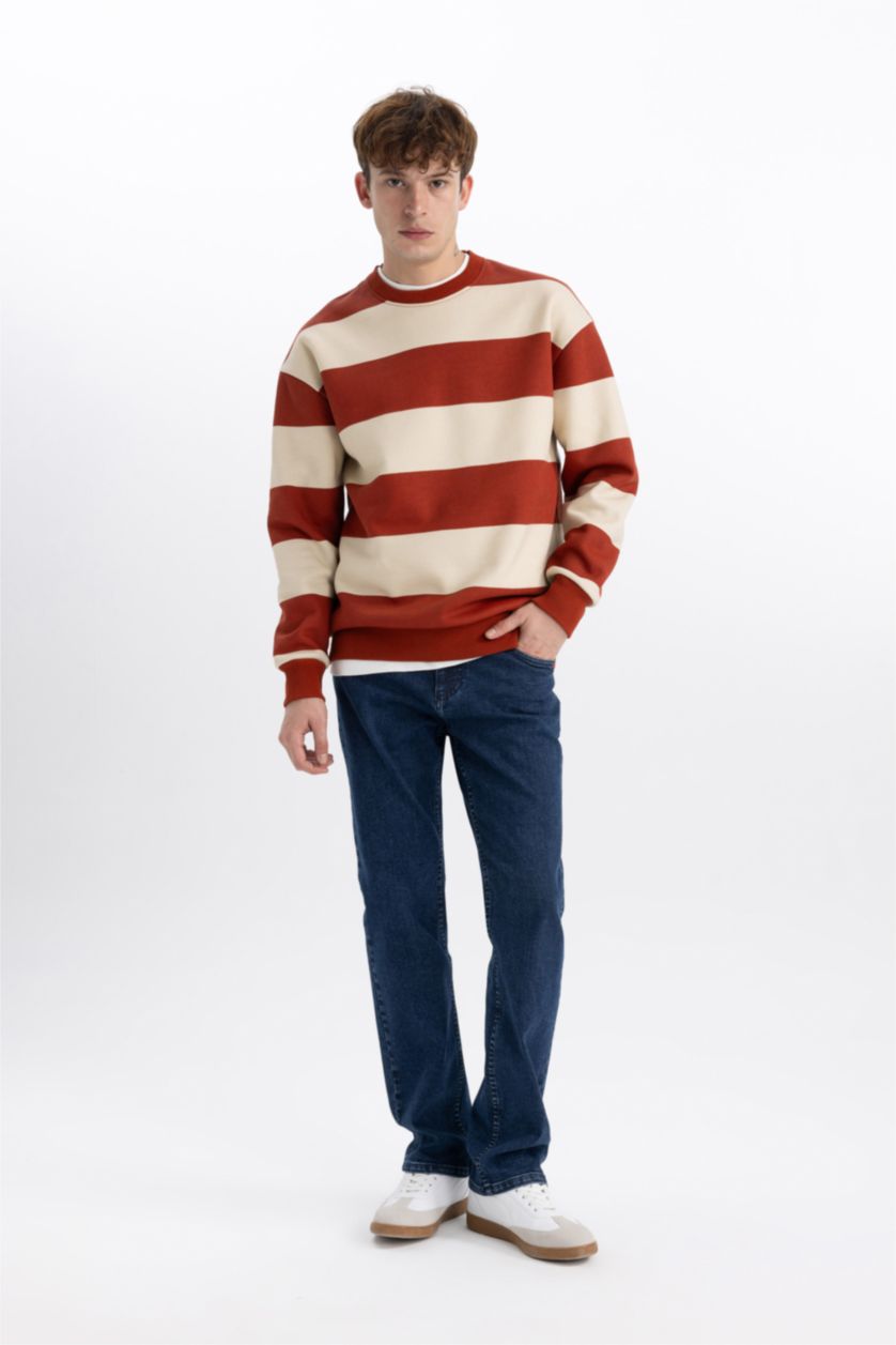 رجال برتقلي غامق سويت شيرت أوفر سايز مطبوع بياخة مستديرة