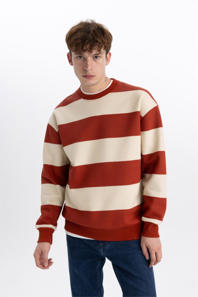 رجال برتقلي غامق سويت شيرت أوفر سايز مطبوع بياخة مستديرة