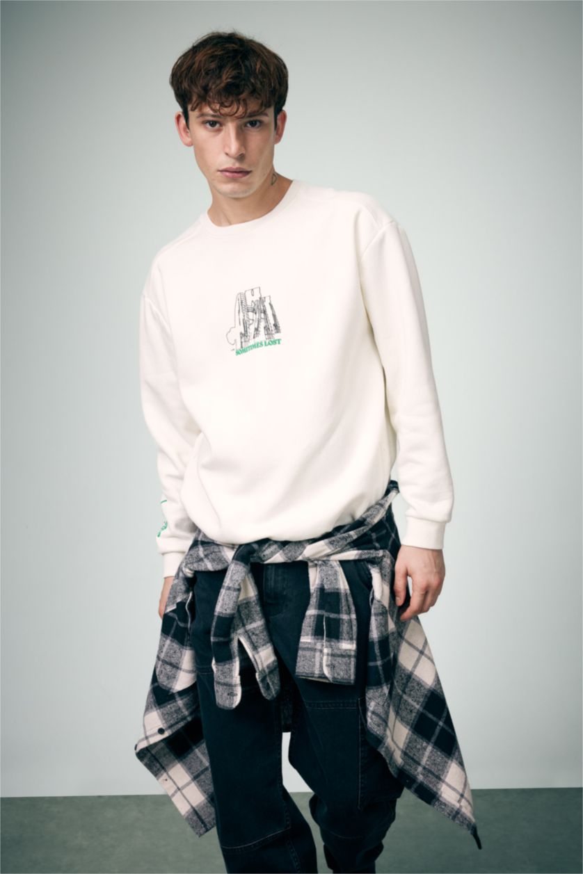 MAN Ecru Boxy Fit Printed Long Sleeve Sweatshirt