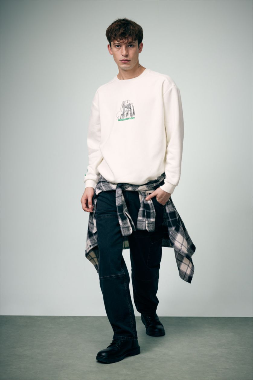 MAN Ecru Boxy Fit Printed Long Sleeve Sweatshirt