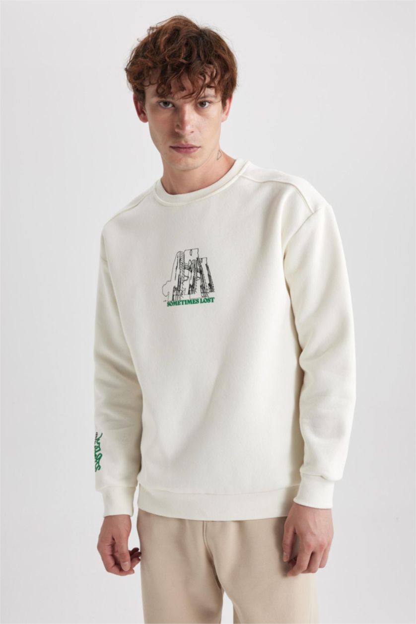 MAN Ecru Boxy Fit Printed Long Sleeve Sweatshirt