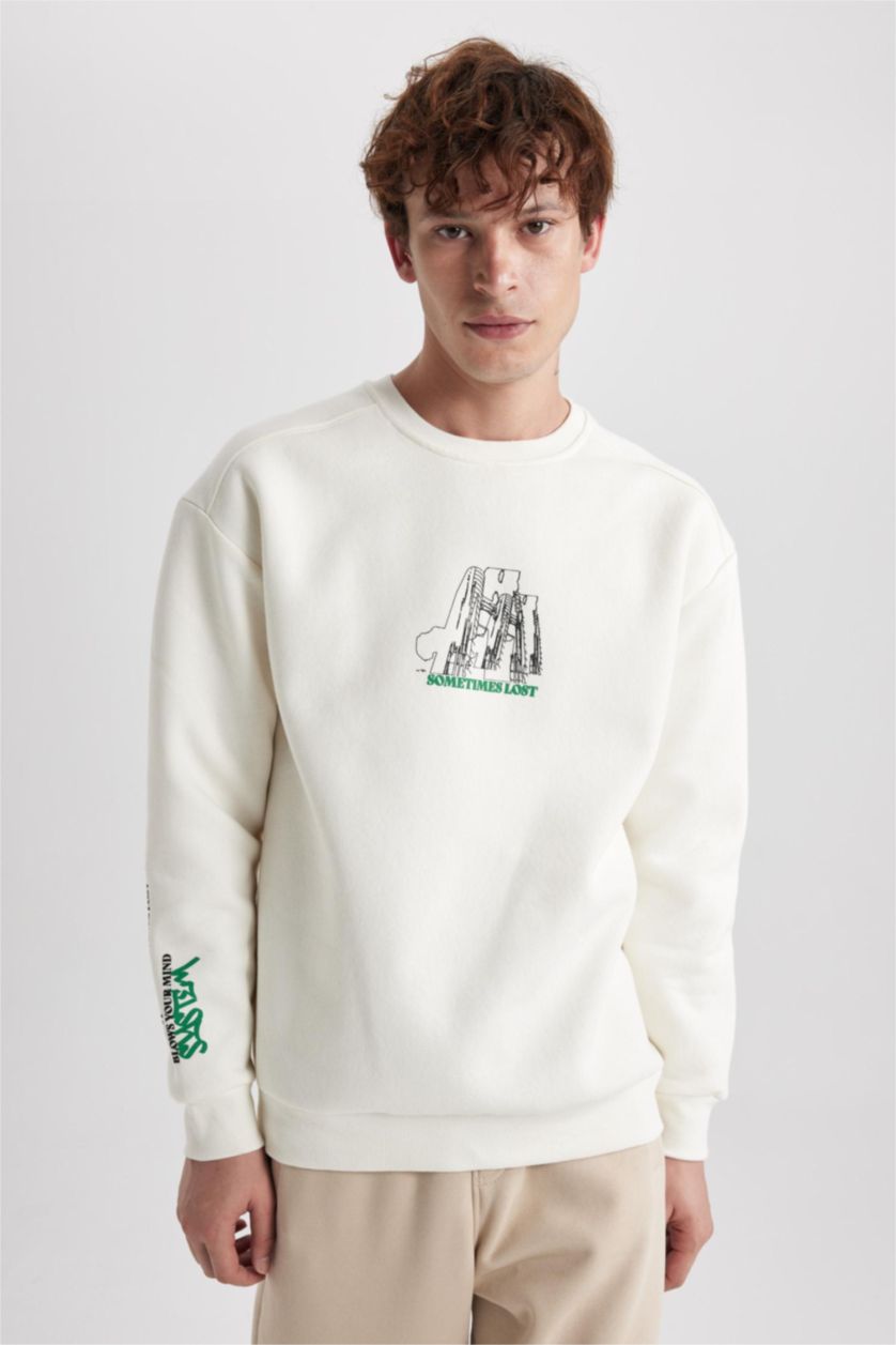 MAN Ecru Boxy Fit Printed Long Sleeve Sweatshirt