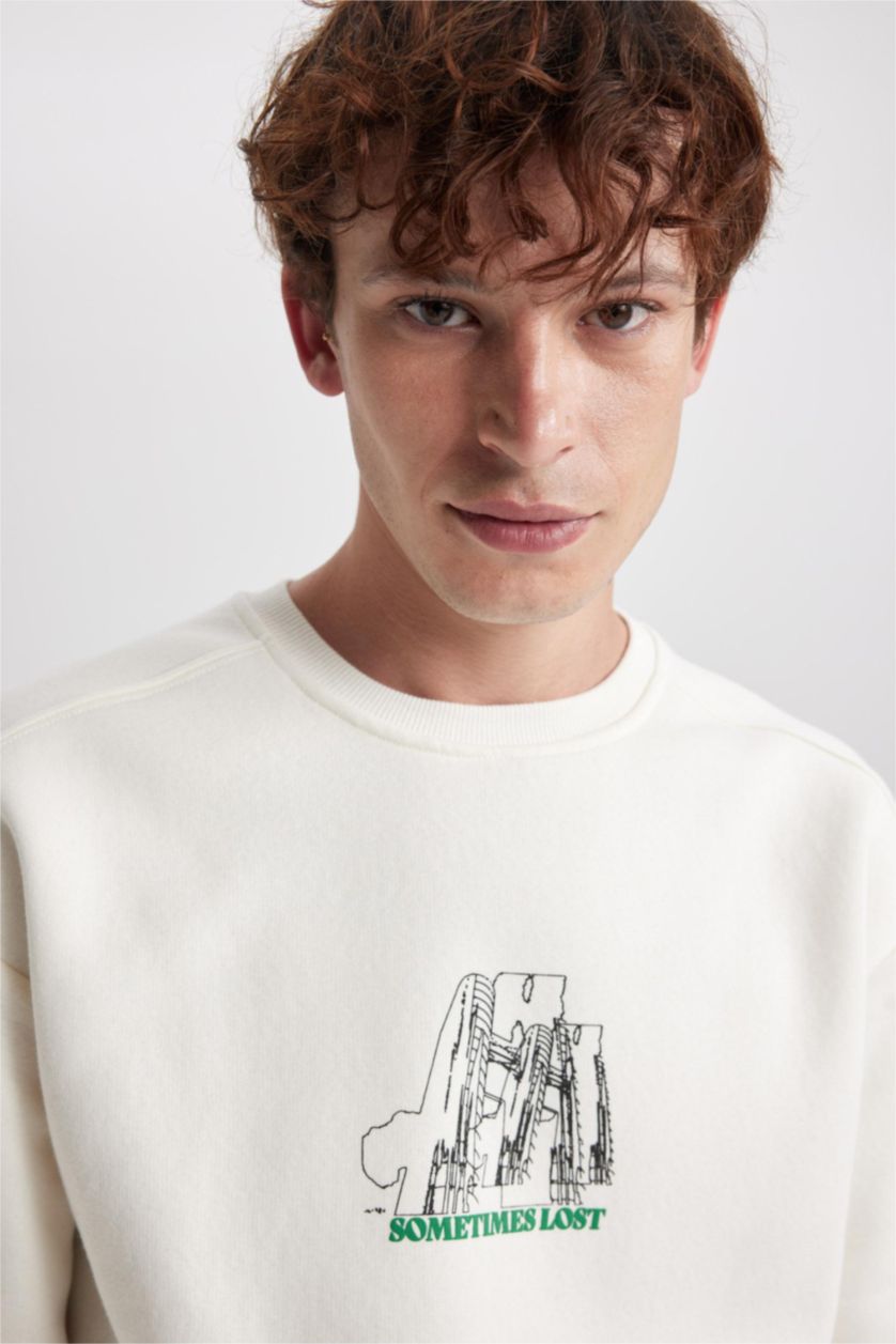 MAN Ecru Boxy Fit Printed Long Sleeve Sweatshirt