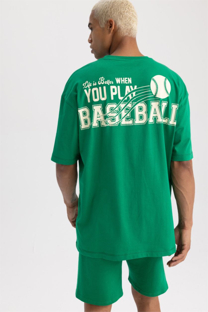 رجال أخضر تي شيرت اوفر سايز مطبوع بياخة مستديرة من DeFactoFit