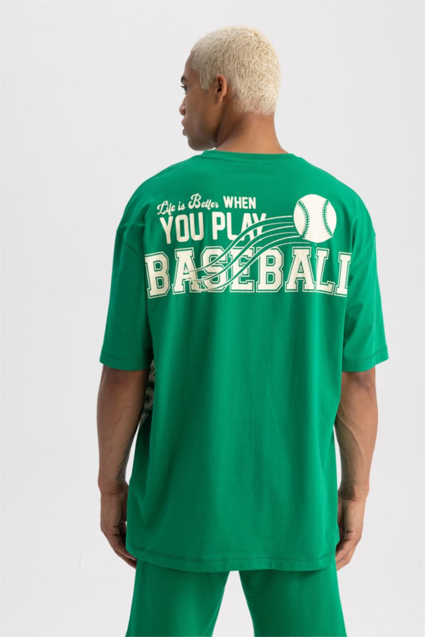 رجال أخضر تي شيرت اوفر سايز مطبوع بياخة مستديرة من DeFactoFit