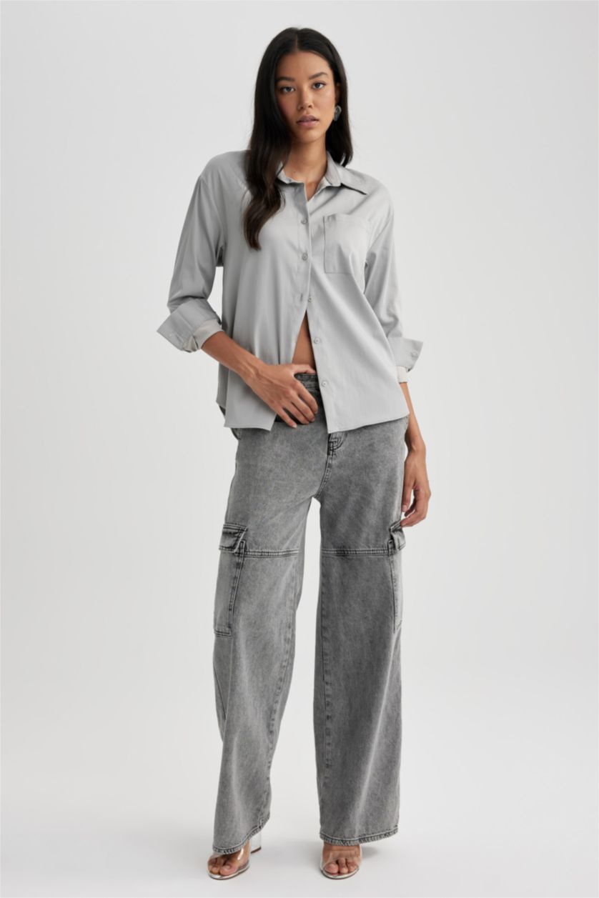 WOMAN Light Grey Oversize Fit Poplin Long Sleeve Shirt